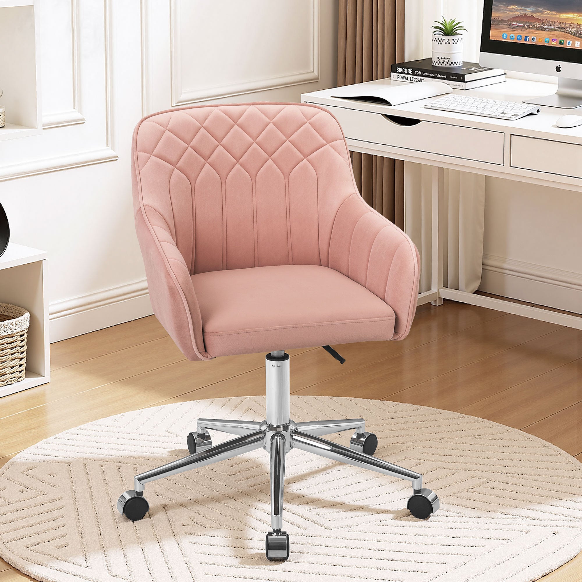 VECELO Modern Velvet Accent Chair, Upholstered Swivel Desk Chair with Silver Base, Adjustable Height Vanity Chair with Wheels for Study, Living Room, Bedroom, Pink