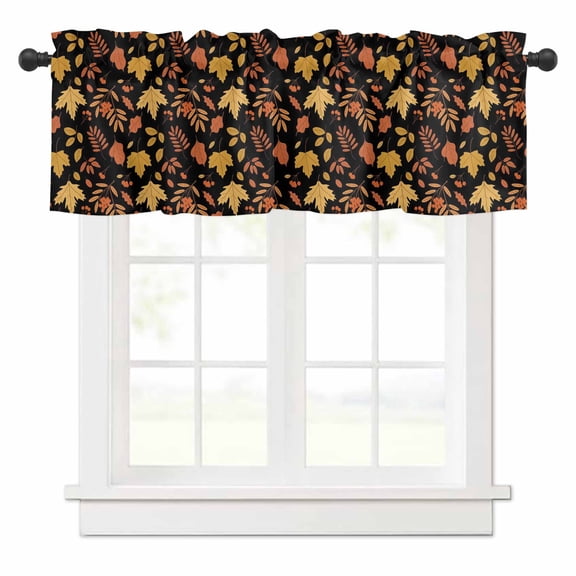 Retro Autumn Valances for Windows Maple Leaf Thanksgiving Black Background Rod Pocket Curtain Valance Window Treatment Short Curtains for Kitchen Living Room, 60"x18"