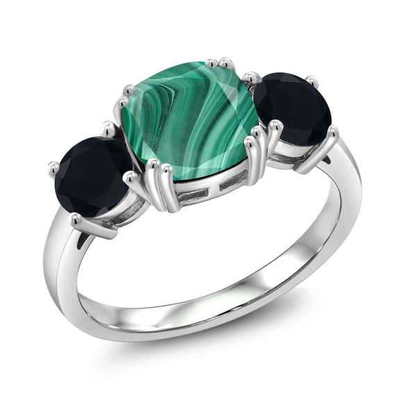 Gem Stone King 925 Sterling Silver Green Malachite and Black Onyx 3 Stone Engagement Ring for Women (3.95 Cttw, Gemstone, Cushion 8MM, Size 5)