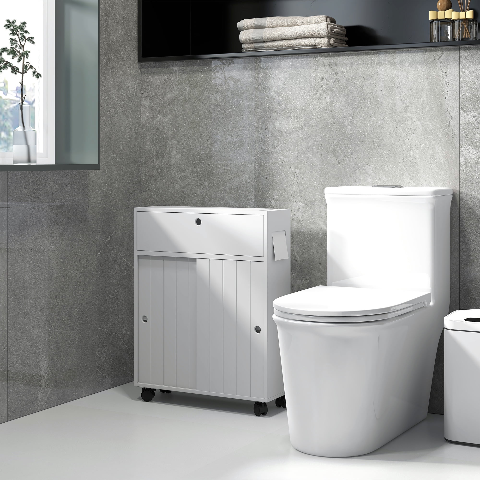 kleankin Small Bathroom Storage Cabinet on Wheels, Slim Toilet Paper Cabinet with 2 Holes, Sliding Doors and Adjustable Shelf, White