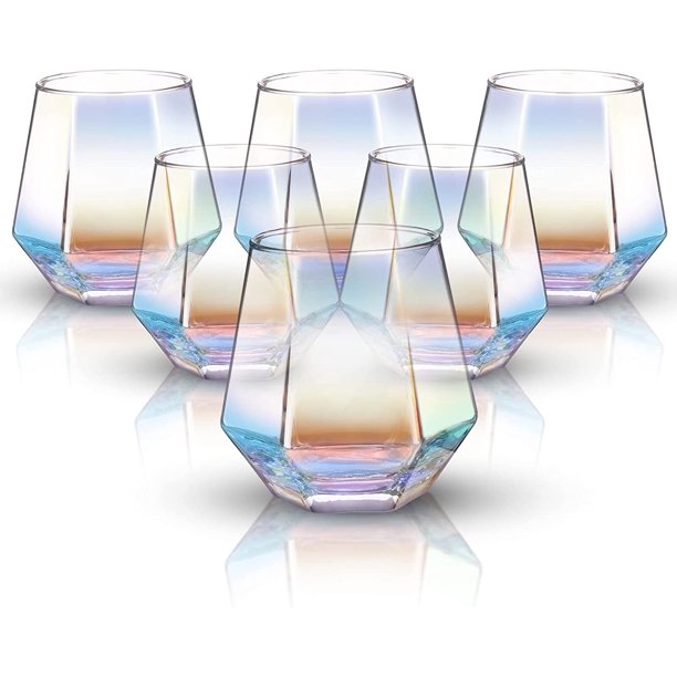 NiHome Copas de Vino sin Tallo de 10 oz, Juego de 6 Copas de Vino Iridiscentes con Forma de Diamante, Vasos Coloridos Únicos para Vino Tinto y Blanco, Cócteles y Whisky para Mujeres y Hombres.