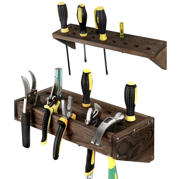 OYEAL 2-Pack Wooden Tool Organizer Wall-Mounted Tool Storage Rack, Brown Utensil Holder for Workshop, Workbench, Garage