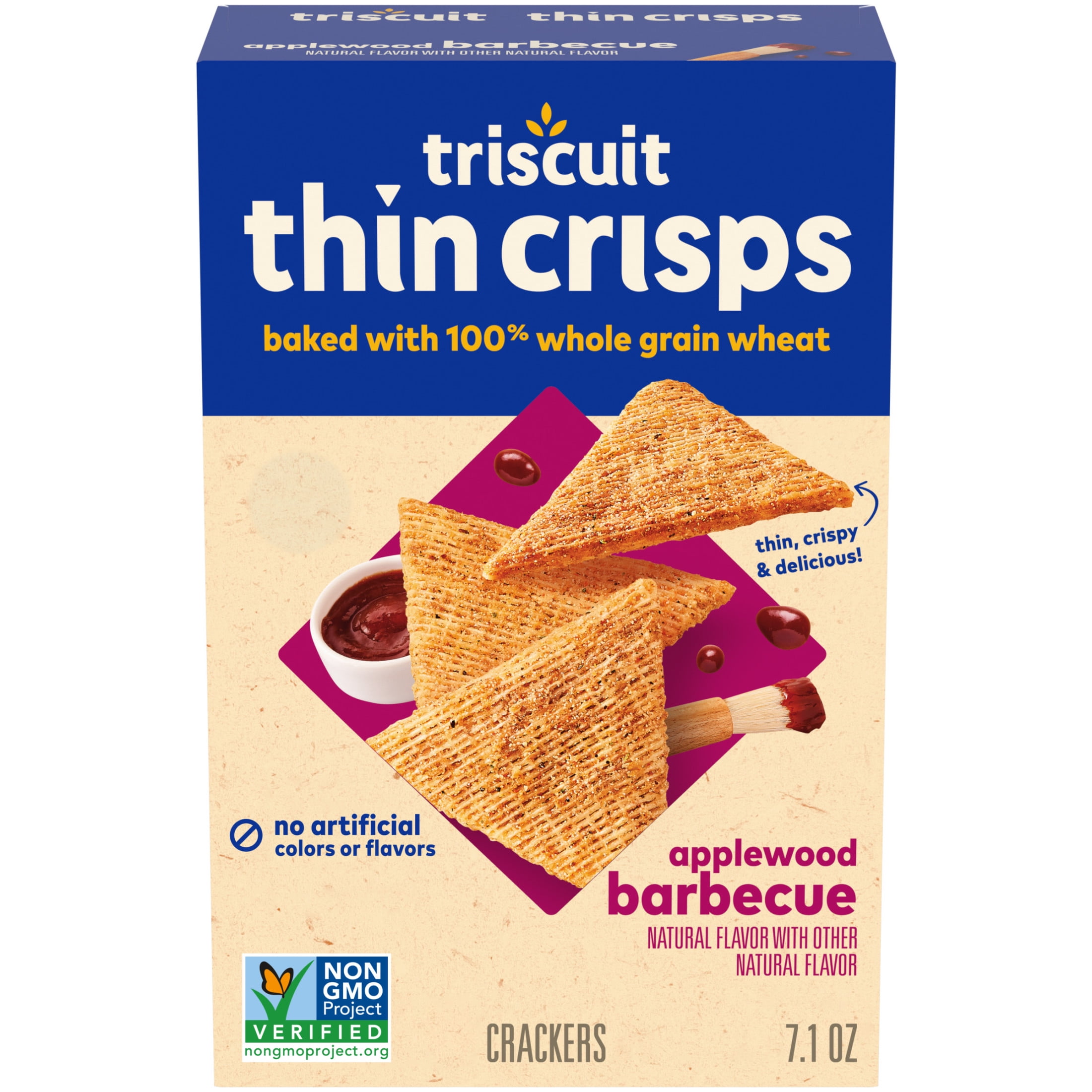 (2 pack) Triscuit Thin Crisps Applewood Barbecue Whole Grain Wheat Crackers, Lunch Snacks, 7.1 oz