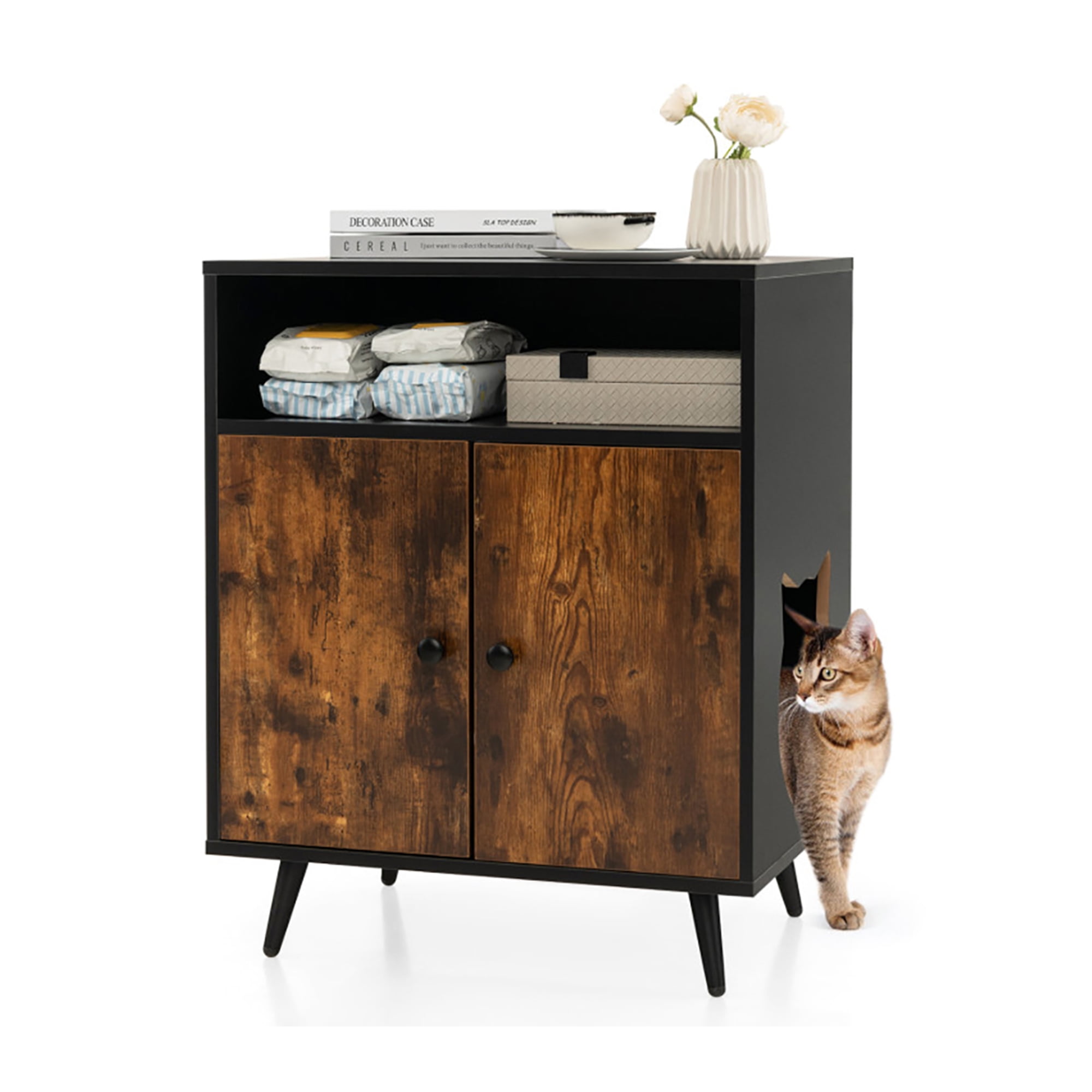 Kadyn 29" Indoor Wood Cat Houses, Hidden Cat Litter Box Enclosure with Entry and Open Compartment, Cat Condo Furniture Kitty, Black