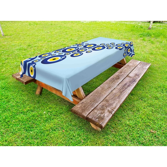 Evil Eye Outdoor Tablecloth, Diagonal Evil Eye Pattern Lively Protection Symbol Turkish Cultural, Decorative Washable Fabric Picnic Table Cloth, 58 X 84 Inches,Blue Pale Blue Yellow, by Ambesonne