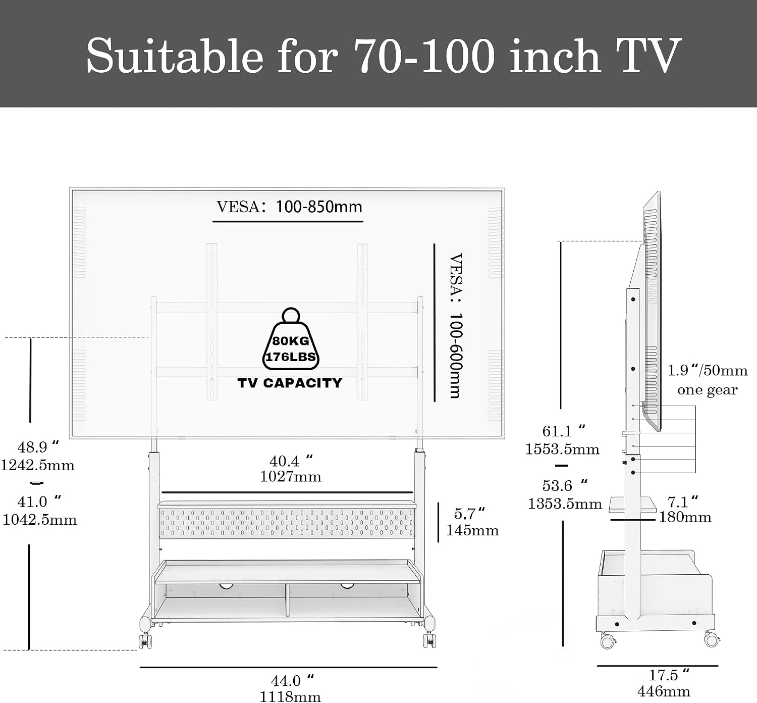 FITUEYES Rolling TV Stand for 70–100 Inch TVs, White & Light Wood, Wood Shelf & Pegboard