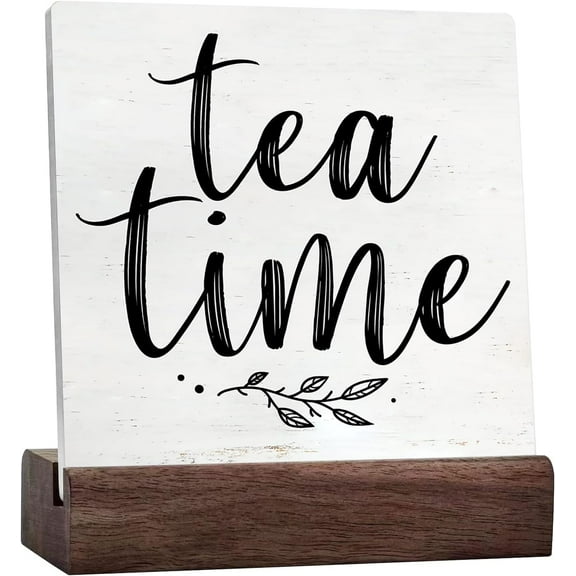 Tea Time Sign With Saying Desk Decor Farmhouse Kitchen Tea Lovers Rustic Home Decor Ceramic Table Sign Plaque Sign Desk Sign With Solid Wood Stand Rustic Art Home Stores Bar Shelf Desk Decor