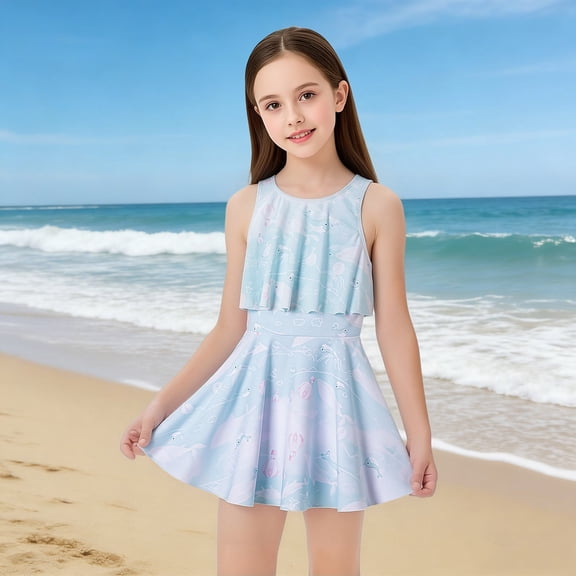 Toddler Girl Swimsuit Tankini Wide Straps Crew Neck Multi Color Print Sleeveless And Swim Skirt Bikini Beach Baby Bathing Suit Girl Blue 7 Years-8 Years