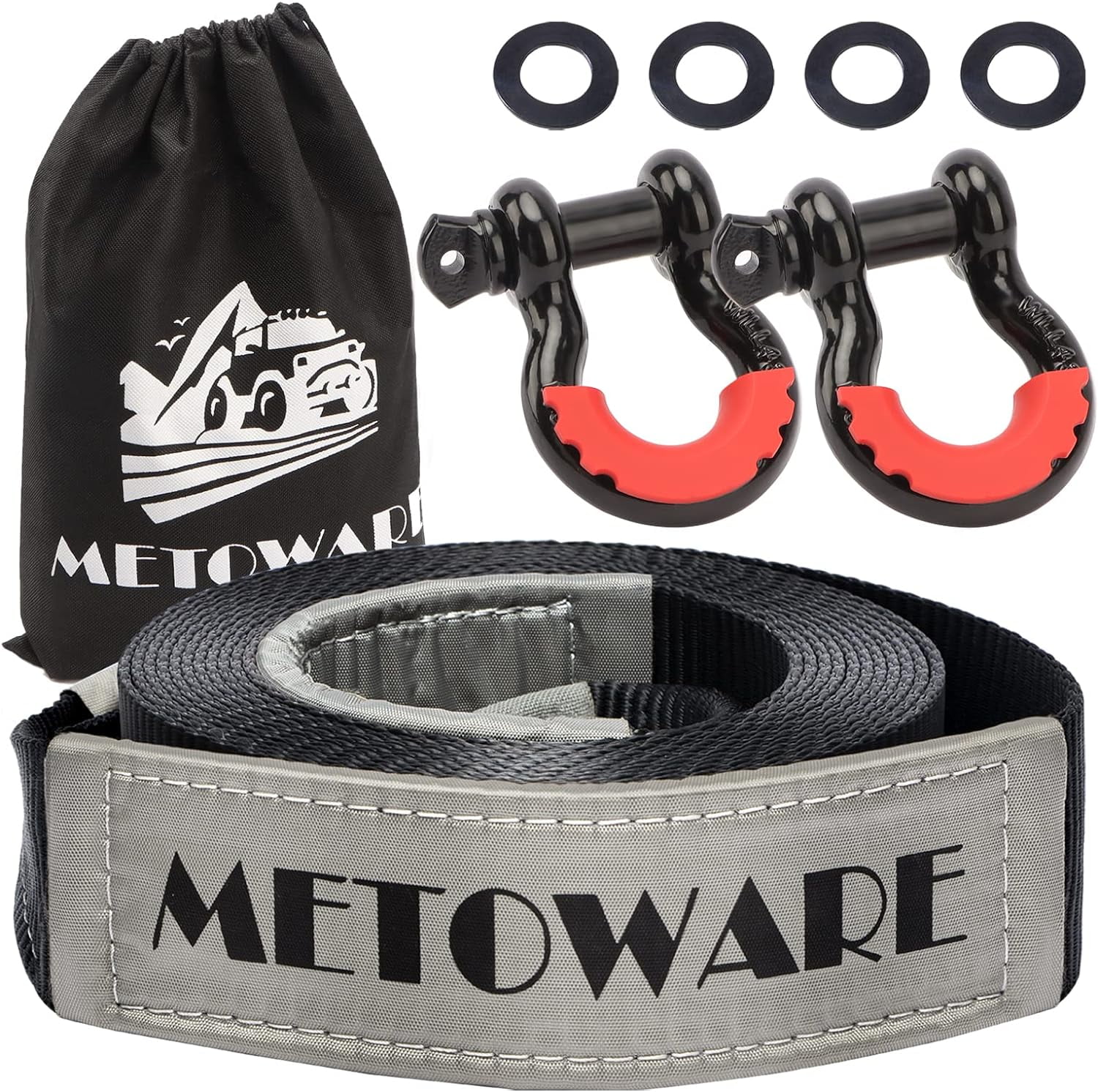 METOWARE Heavy Duty Recovery Tow Strap Kit - 3"x20' 35,000 Lb Capacity With D-Ring Shackles, Hitch Receiver & Storage Bag For Truck, SUV, ATV