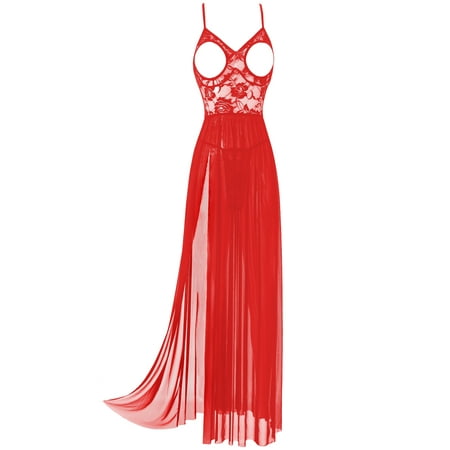 Haitryli Women s Chemise Slit Nightgowns Sleepwear Lace Lingerie Slip Dress Babydoll Nightwear Red S