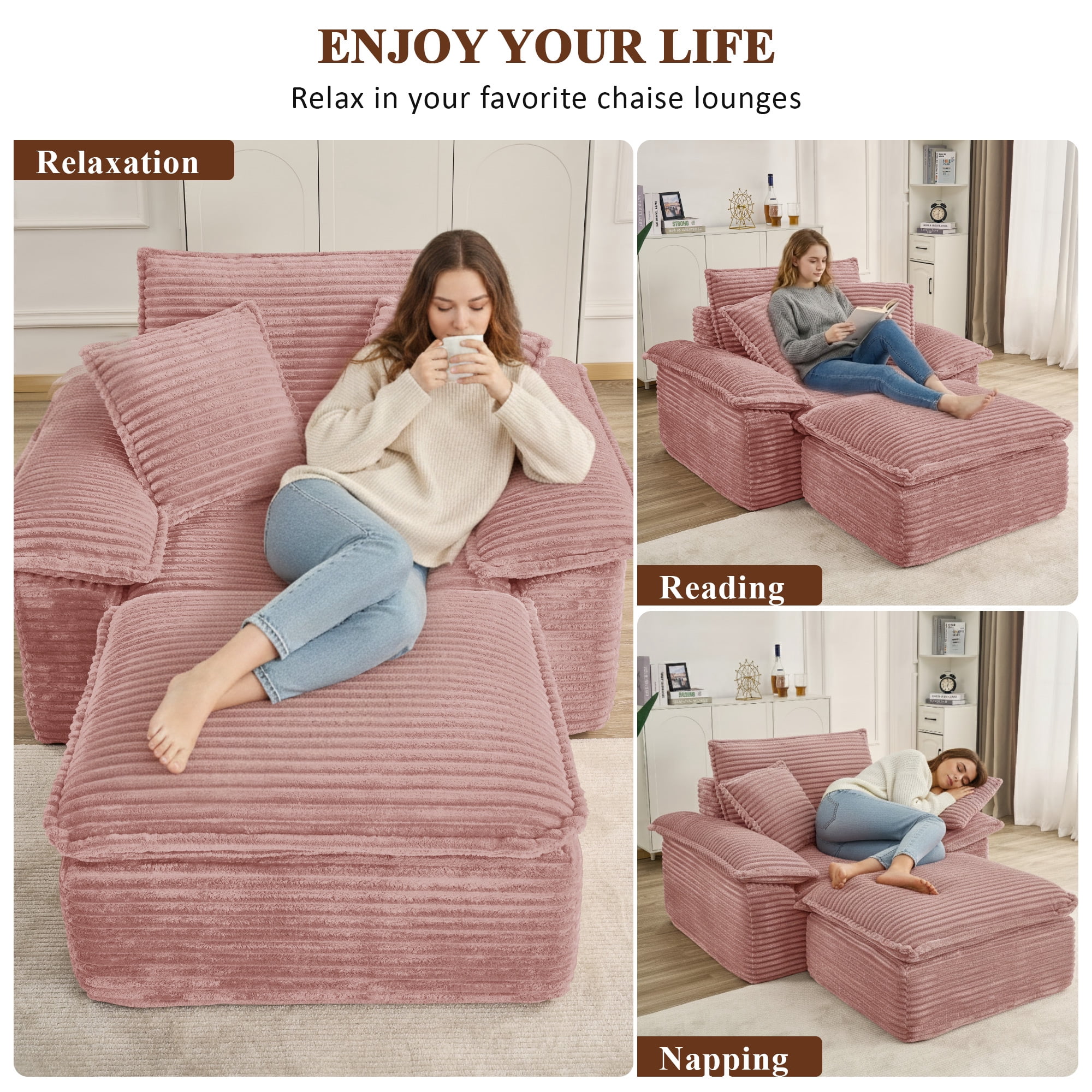 Aukfa 63.5" Oversized Chaise Lounge Sofa with Movable 2-Layer Ottoman, Deep Seat Boneless Couch, Corduroy Lounge Chair, Pink