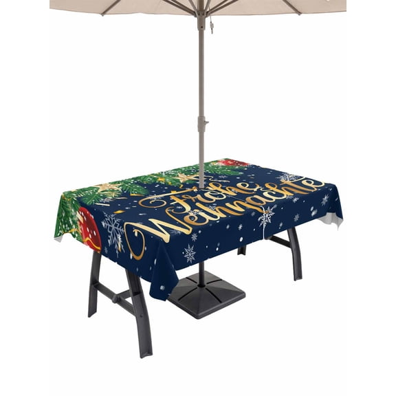 Outdoor Tablecloth with Umbrella Hole and Zipper, Navy Blue Christmas Rectangle Table Cloth 54x80 Inch Waterproof Tablecloth, Xmas Balls Snowflake Winter Picnic Table Cover for Patio Camping