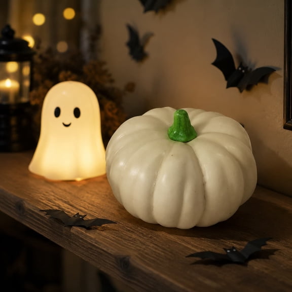 romoty Halloween Faux Pumpkin Tabletop Figurine, Large Foam Whitewash Green Harvest Jack-O-Lantern Sculpture for Thanksgiving Dinner Centerpiece Decor