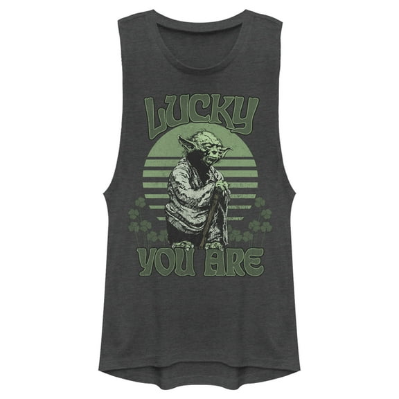 Junior's Star Wars St. Patrick's Day Yoda Lucky You Are Clovers Festival Muscle Graphic Tee Charcoal X Large