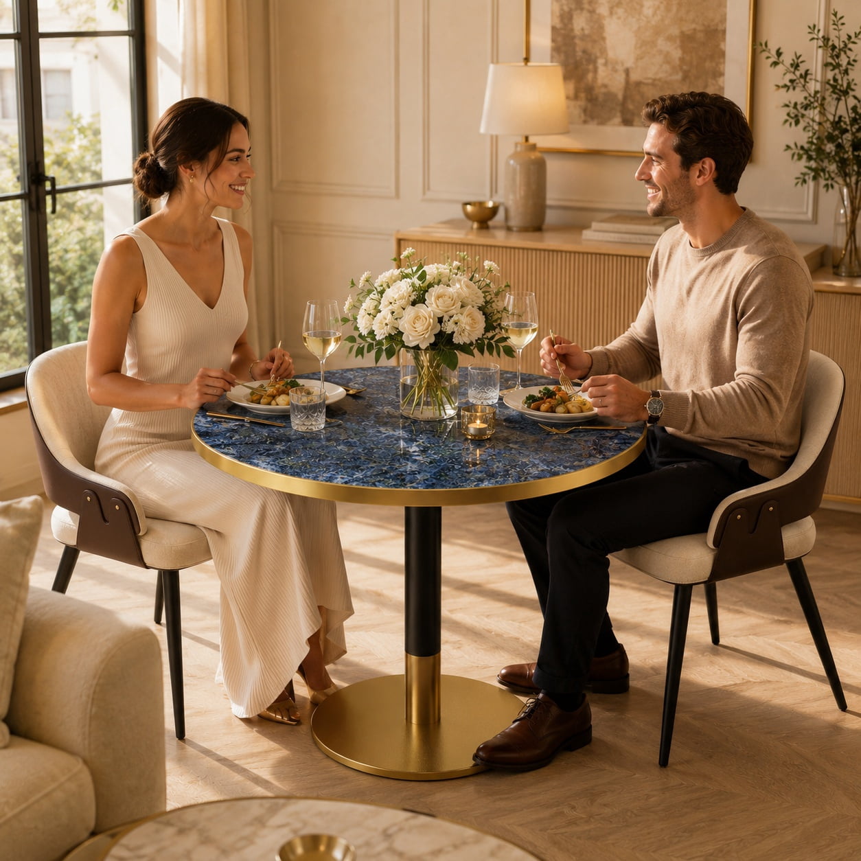 Aukfa 31.5" Round Sintered Stone Dining Table for 2-4, Kitchen Table Tulip Table with Gold Pedestal Base for Bistro Small Apartment,Sapphire Blue