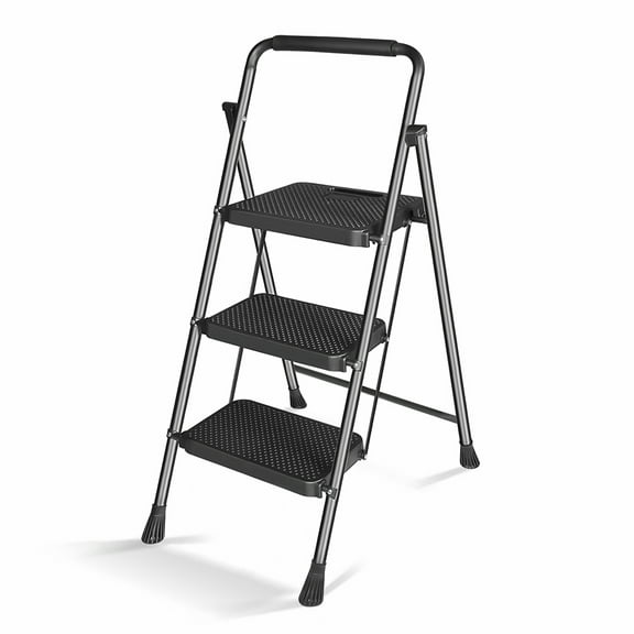 Foldable 3-Step Ladder, Heavy Duty Iron Frame Folding Ladders 3 Step, Load Bearing 330lb, Anti-Skid Feet Cover