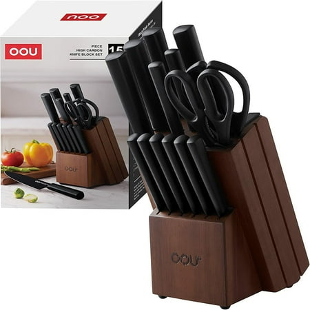 

Oou Kitchen Knife Set - 15 piece high carbon stainless steel chef s knife set rust proof black knife set built in sharpener holder walnut wood
