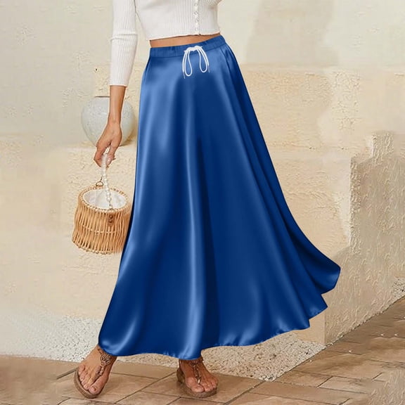 HongQid Women's Satin High Waist Skirts Elegant Flared Casual A Line Maxi Skirt Drawstring Silky Party Skirts