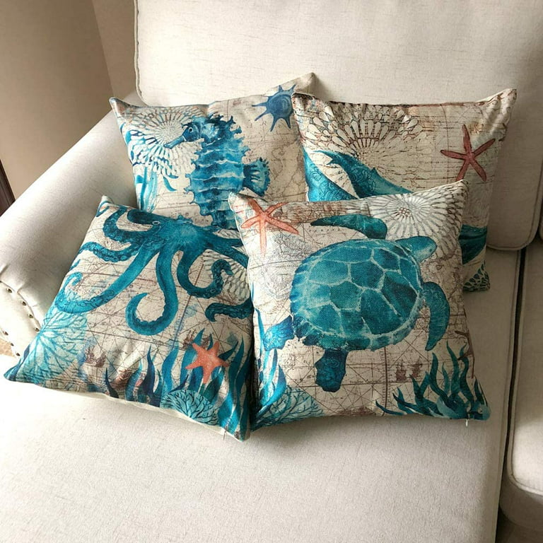 MaSiledy Large Couch Pillows Seashell Pillow Covers 18x18 Coastal  Nautical Theme Zippered Pillow Cover Decorative Outdoor Linen Fabric Pillow  Case