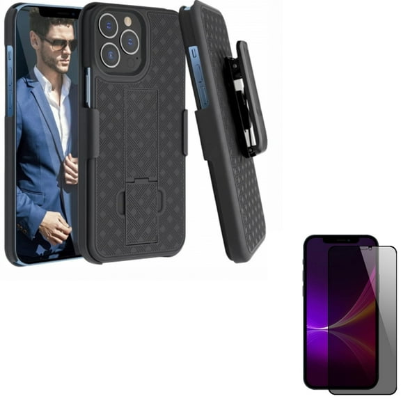 Privacy Screen Protector & Case Belt Clip for iPhone 13 Pro Max - Combo with Tempered Glass Curved Anti-Spy Anti-Peep & Holster Swivel Cover Kickstand