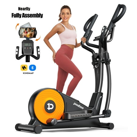 Pooboo Build-in Bluetooth Silent Magnetic Elliptical Exercise Bike for Home Elliptical Training Machines 450lbs Nearlly Fully Assembled with 15.5 Stride Length