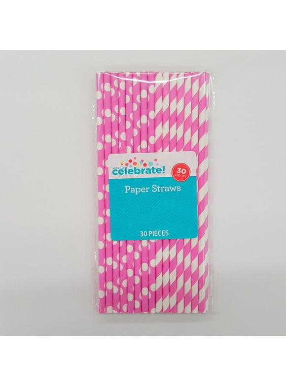 Way to Celebrate! Neon Pink Polka Dot & Striped Paper Straws, 30ct