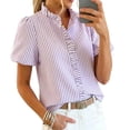 thumbnail image 5 of QASIEATN Ladies' Puff Sleeve Button Up Tops Summer Striped Stand Up Collar Fashionable Casual Loose Short Sleeved T Shirt, 5 of 5