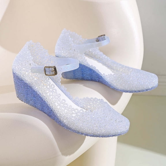 Women's Jelly High Heel Sandals Hollow Out Beach Sandals with Bukle Straps (Blue 40)