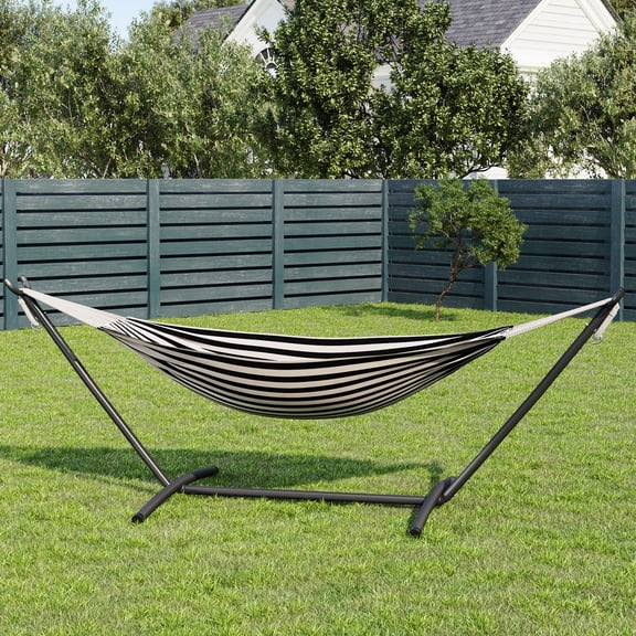 Heavy Duty Double Hammock with Steel Stand – 2 Person Cotton Hammock, 450lbs Capacity, Portable for Indoor Outdoor, Garden, Camping, Patio, with Carry Bag, Black