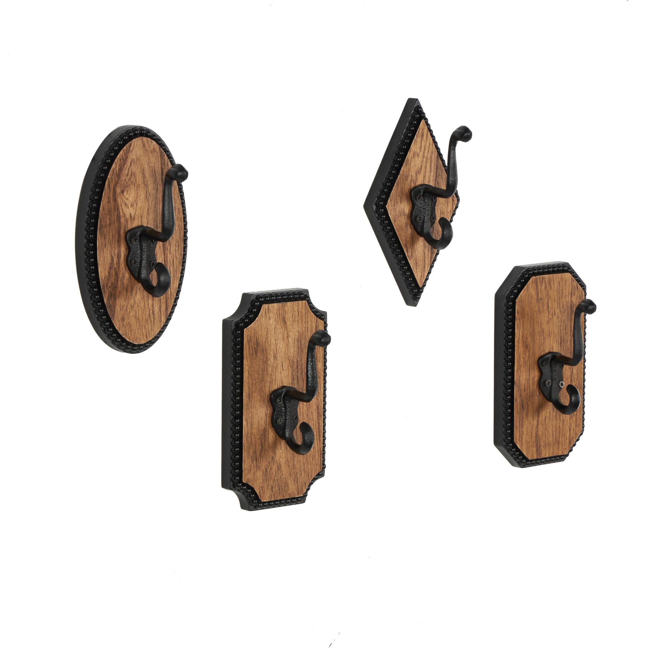 DecMode 4"W, 7"H Brown Wooden Vintage Inspired Geometric Wall Hook with Black Beaded Frames, 4-Pieces