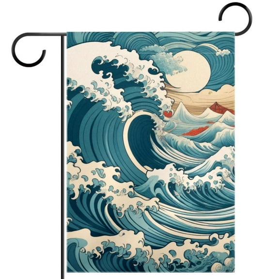Japanese Style Ocean Wave Double Sided Garden Flag Decorative Weather Resistant Yard Flag, Large DIY Vertical Flag for Farmhouse Patio Lawn, 28x40 Inch