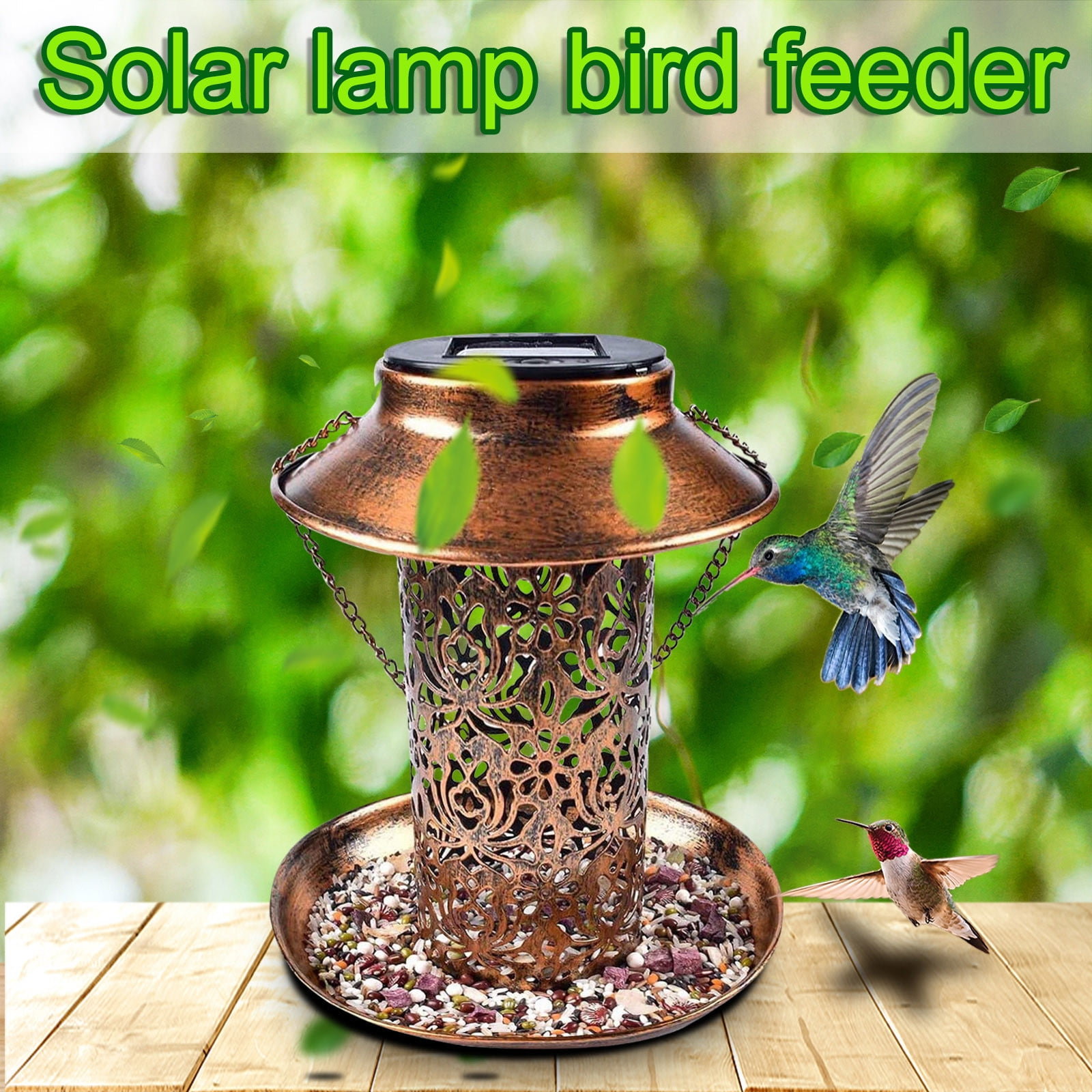 Gyedtr Outdoor Solar-Powered LED Wrought Iron Bird Feeder with Hanging Designs & Night Lighting, Antique Style with Lamp Pillar Shape and Carving Hollow Patterns