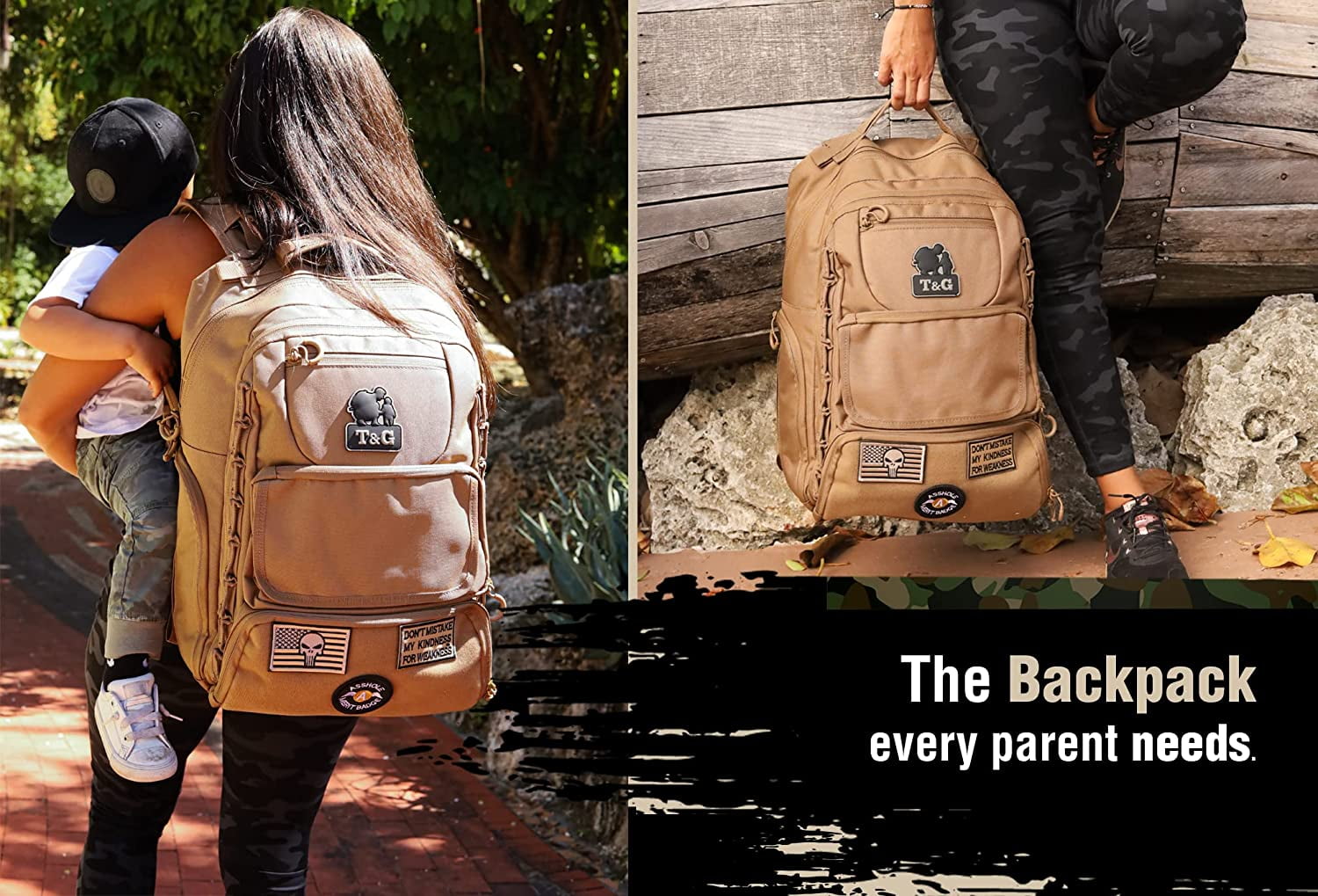 Toddlers And Gunners Dad Diaper Bag, With Diaper Changing Mat, USB Port & Laptop Compartment. Diaper Bag Backpack with Straps for Stroller. Large Diaper Bag for men and women (Coyote Brown)
