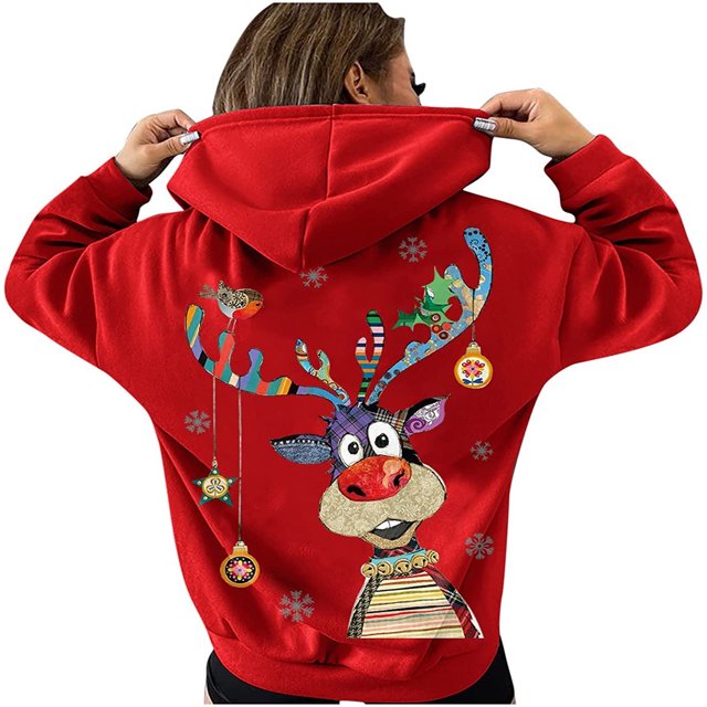 Sudaderas con capucha navideñas para mujer, sudaderas con capucha de manga larga a la moda con gráfico de alces bonitos, sudaderas informales Fridja FKASFK5430