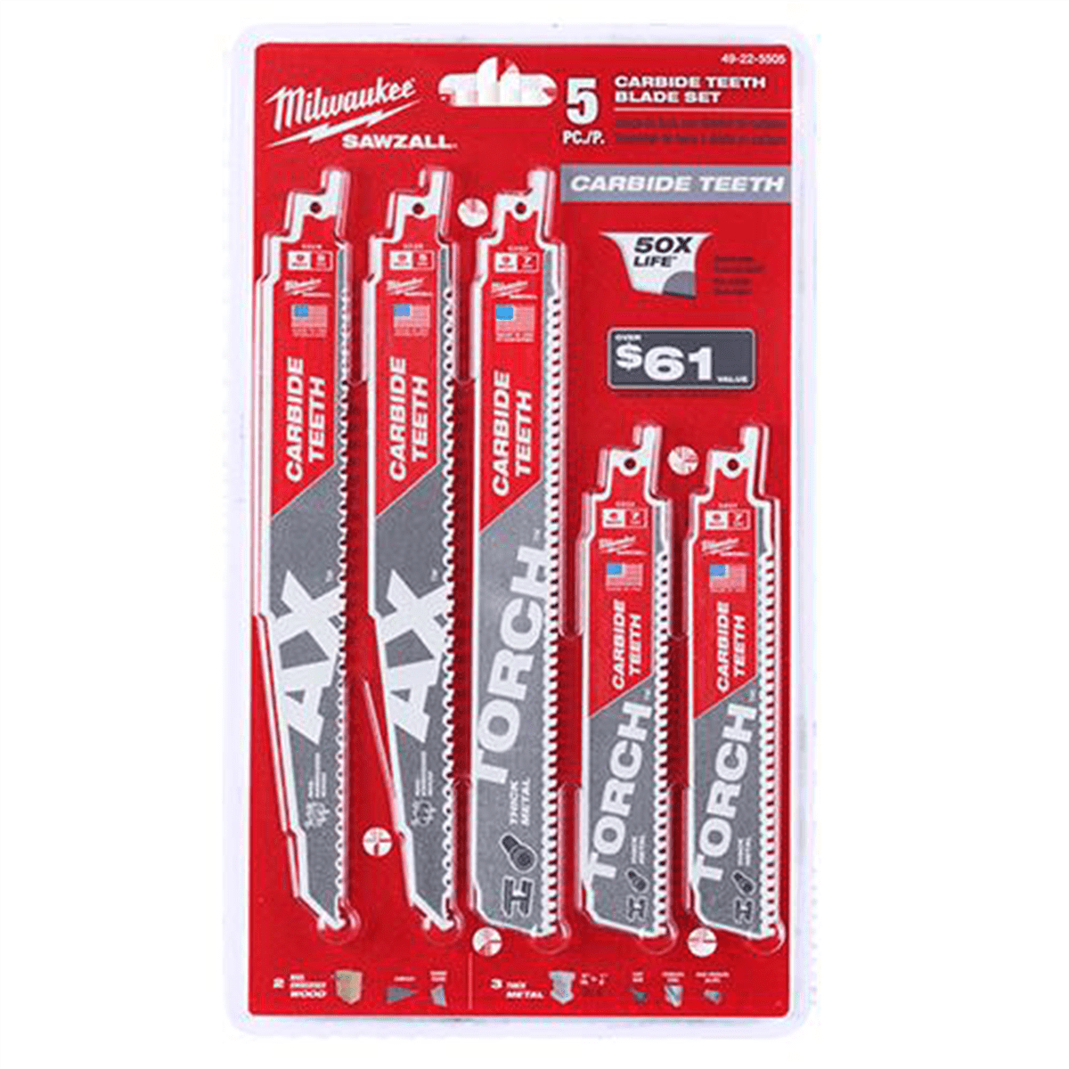 Milwaukee 49-22-5505 5-Piece Carbide Teeth SAWZALL Blade Set