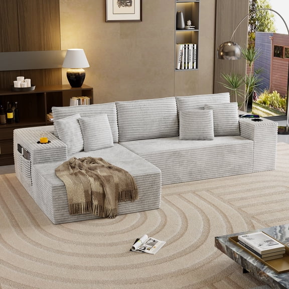 104.3" Modular Sectional Sofa, Black Boneless Couch Left Chaise L Shaped Couch with USB Ports, 2 Cup Holders, 2 Side Storage Bags & Lint Remover, No Assembly Sectional Couches for Living Room