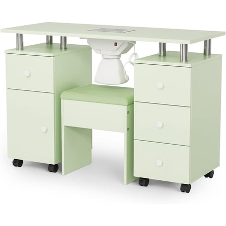 OmySalon Nail Desk and Chair Set Manicure Table with Dust Collector Arm Rest 8 Wheels Acetone Resistant Desktop Drawers & Cabinet Storage for Makeup Beauty Salon (Mint Green)