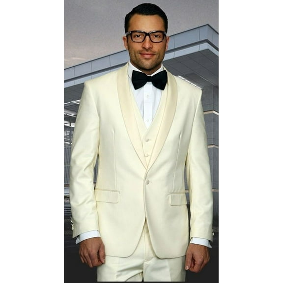Statement Mens 3 Piece Off White Shawl Collar Modern Fit Tuxedo TUX-SH