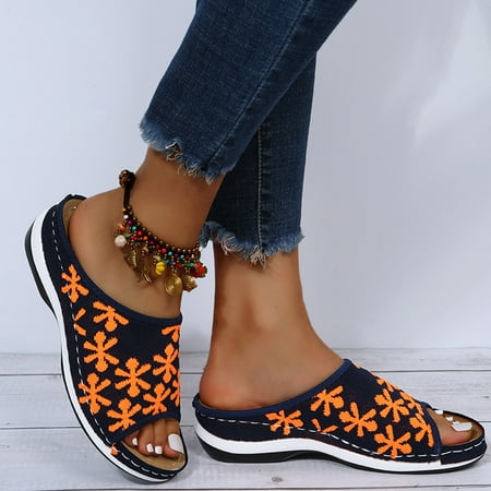 

Fish Mouth Slippers Retro Color Matching Flowers Wedges With Flying Woven Slippers