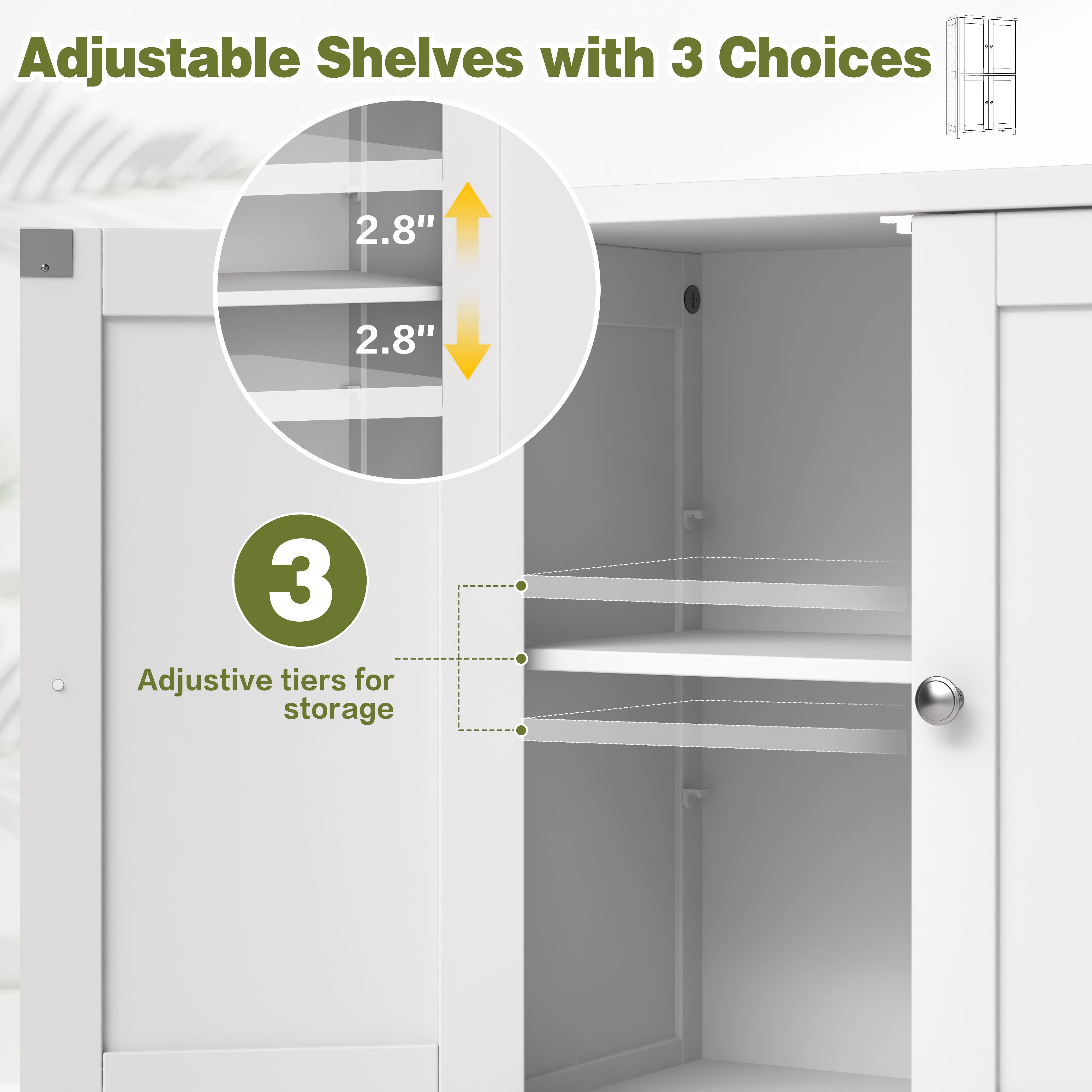 Walsunny Bathroom Storage Floor Cabinet Organizer with Adjustable Shelf 4 Magnetic Doors 43" Wooden Pantry Cabinet Freestanding for Kitchen Living Room Small Spaces,White