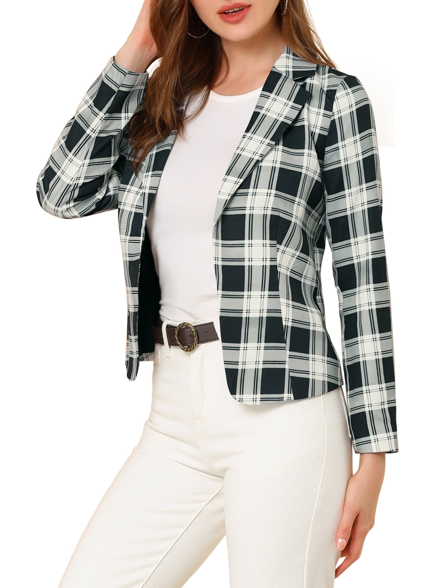DARING DIVA Women's Elegant Notched Lapel Floral Print Blazer S Black-Plaid