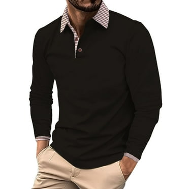 SNOWSONG Mens Long Sleeve Shirt Clearance! Men's Fashion Spring & Autumn Casual Buttoned Long Sleeve Polo Shirt Tops, Polo Shirts for Men, Mens Tops, Button Down Shirt 1PC Shirt Black 2XL