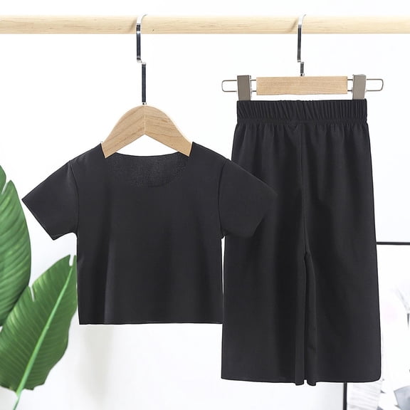 Juslio Kids 2-Piece Toddler Girls Crew Neck Ice Silk T Shirts Tops Elastic Waist Capris Breathable Comfortable Outfits Sets 3 Years