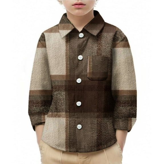 Cethrio Boys' Button Down Shirts, Plaid Fall Collared Casual Long Sleeve Shirts Brown Size 6