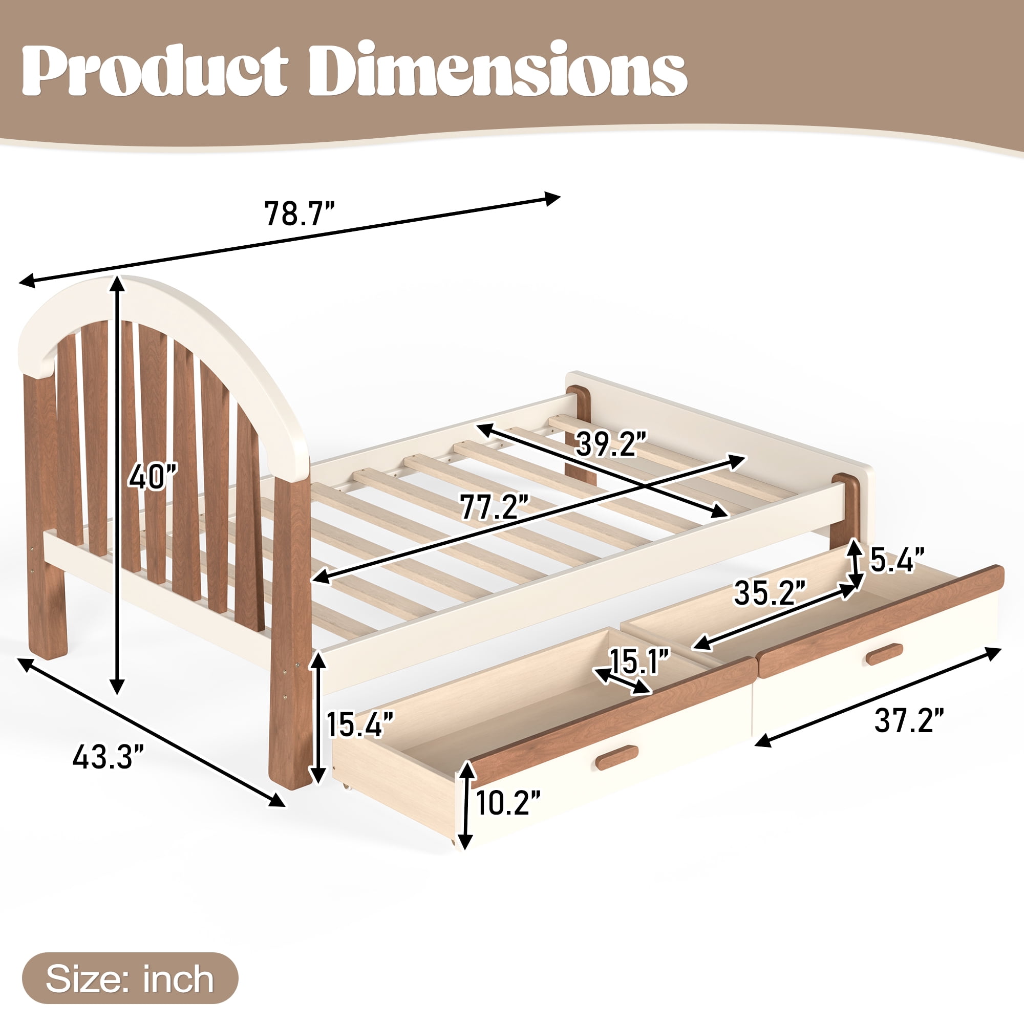 Platform Bed with Storage Drawer and Round Headboard, Twin Solid Wood Bed Frame with No Box Spring Needed for Bedroom, Beige and Natural
