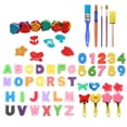 thumbnail image 1 of 51 piezas de sellos digitales de esponjas con letras de colores con 5 pinceles, suministros de pintura de arte de rompecabezas, kit de pintura con esponja para educación de niños (patrón aleatorio), 1 of 9