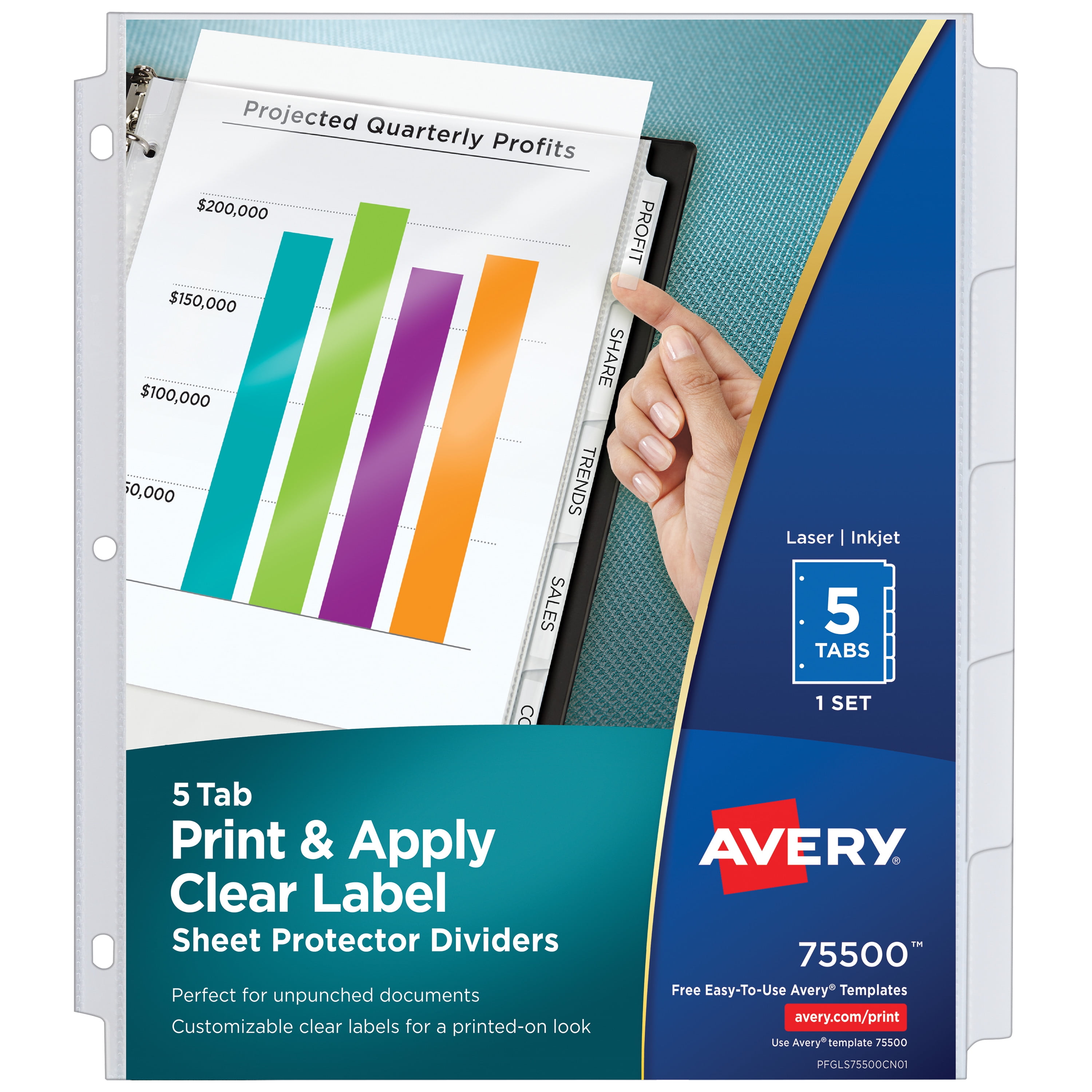 1 Set Index Maker Multicolor Tabs Avery 5-Tab Binder Dividers 11406 Easy Print & Apply Clear Label Strip 