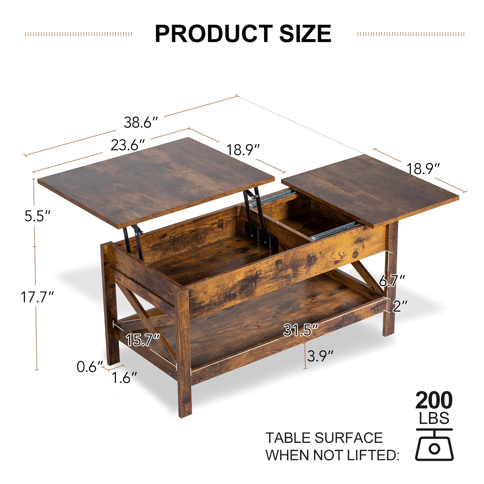 Nalone Coffee Table Lift Top Dining Table with Shelf, Center Table Adjustable Height Tea Tables Wooden Center Tables with Hidden Compartments for Living Room Apartments(Rustic Brown)