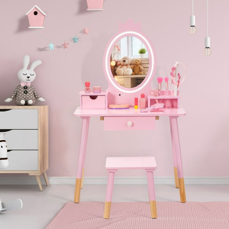 BRINJOY Kids Vanity Set with Mirror, Wooden Make Up Beauty Dressing Table with Lights & Stool & Jewelry Rack & Storage Board, Children Princess Vanity BRINJOY Kids Vanity Set with Mirror, Wooden Make Up Beauty Dressing Table with Lights & Stool & Jewelry Rack & Storage Board, Children Princess Vanity