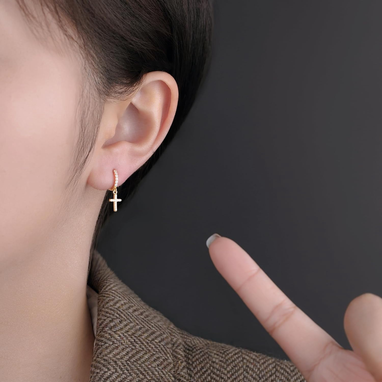 Solid 925 Sterling Silver Cross Hoop Earrings for Women Teens Small CZ Hoop Earrings Huggie Drop